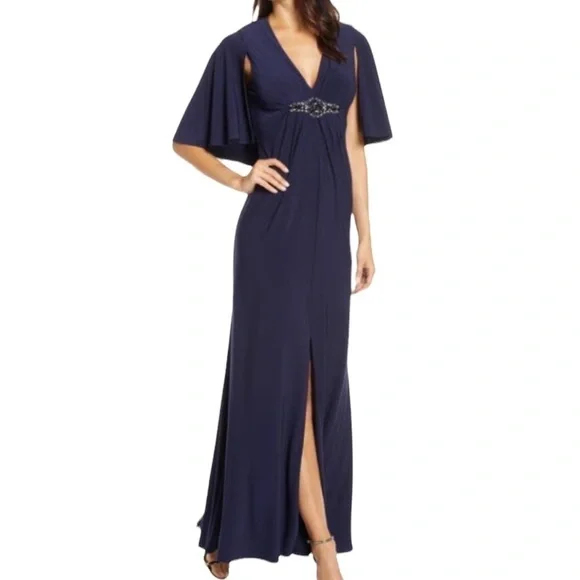 NWT Eliza J Navy Blue Embellished Cape Maxi Gown - Picture 2 of 16